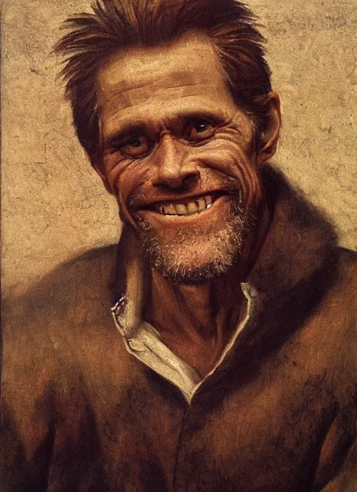 Image similar to portrait painting of willem dafoe with stubble smiling warmly, renaissance oil painting, studious chiaroscuro