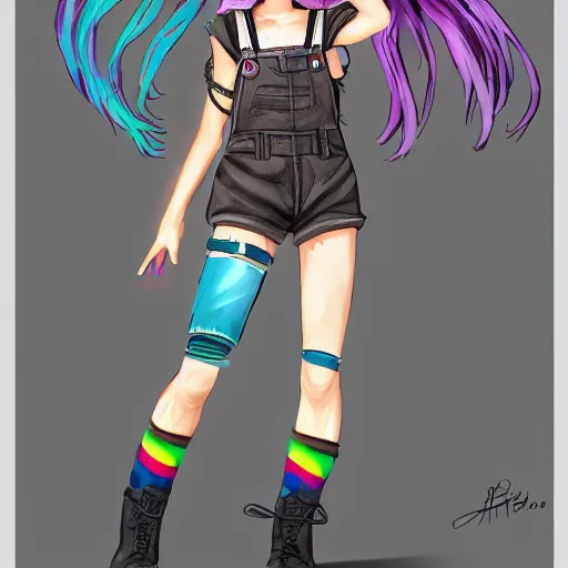 Prompt: full body pose, hd, manga anime portrait of a fairy girl in combat boots and overalls, rainbow hair, in ishikawa ken style, detailed trending award winning on flickr artstation,