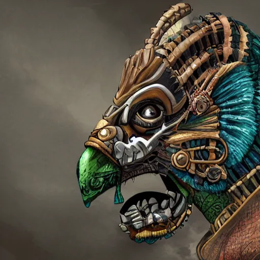 Image similar to a expressive portrait of masked diesel punk quetzalcoatl on the art of mayan ancient culture artstation award - winning realistic sci - f