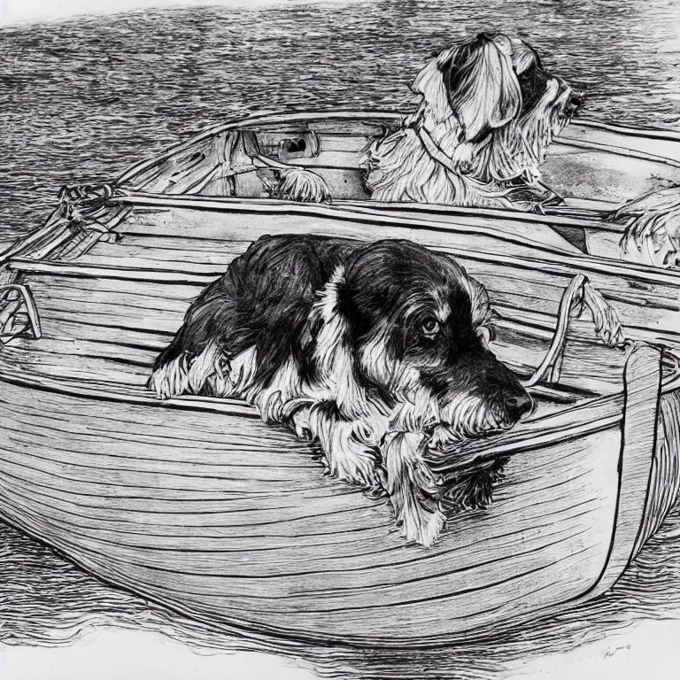 Image similar to a dog in a boat, black and white, botanical illustration, black ink on white paper, bold lines