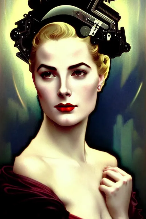 Prompt: young and beautiful evil cyborg grace kelly by future steichen in the style of tom bagshaw, alphonse mucha, gaston bussiere, cyberpunk. anatomically correct elegant cybernetic body mods. extremely lush detail. masterpiece. melancholic scene infected by night. perfect composition and lighting. sharp focus. high contrast lush surrealistic photorealism. sultry evil plan.