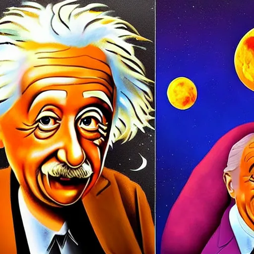 Image similar to Albert Einstein and Salvador Dali a Big Mac on the moon, trending on artstation