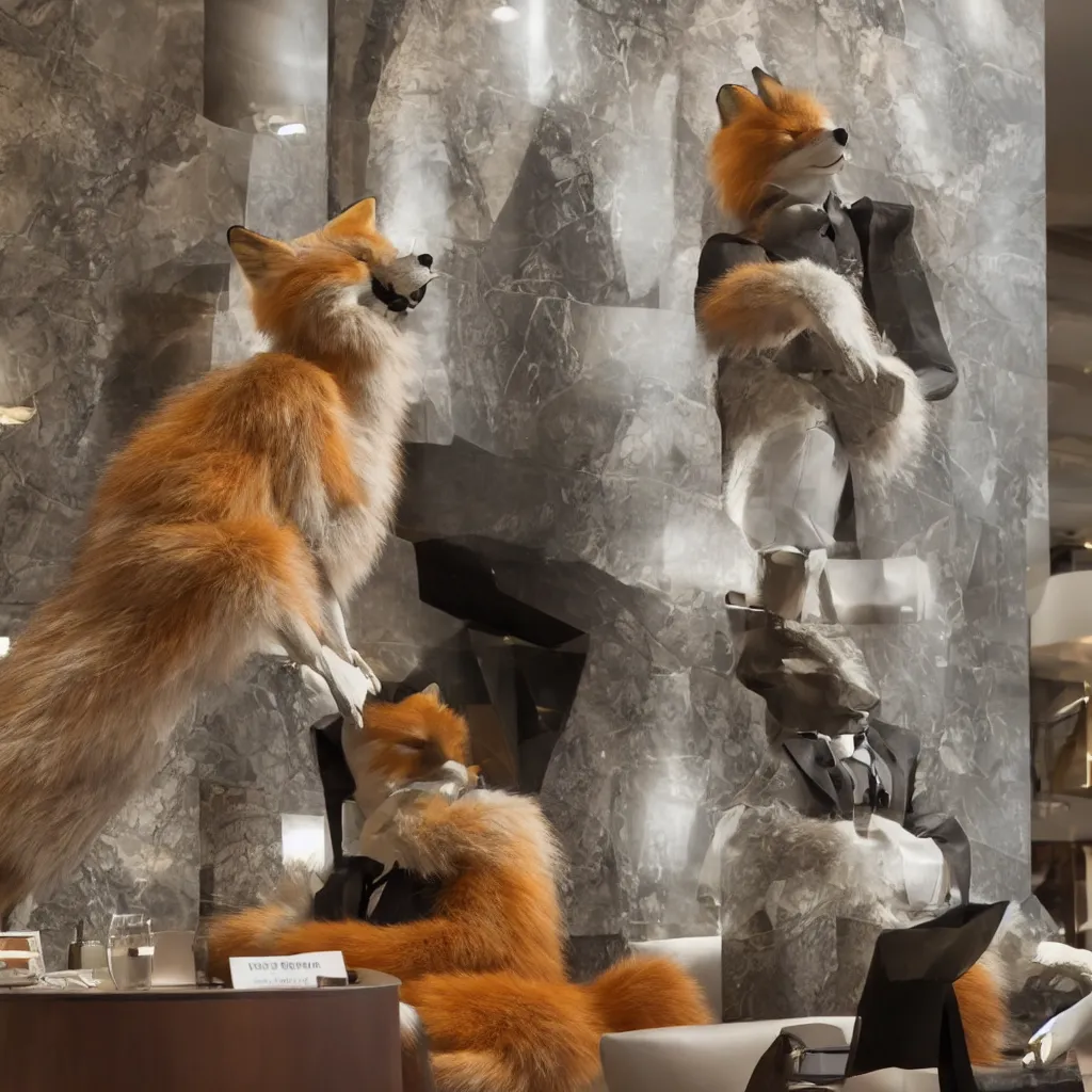 Prompt: anthropomorphic fox in suit sitting in the lobby of a futuristic hotel, anthro, furry