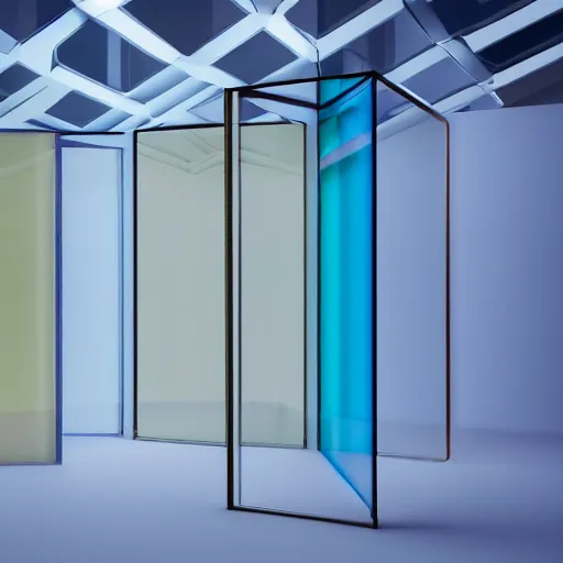 Prompt: an ultra high definition professional studio quality photograph of a transparent iridescent perspex pastel coloured art objects in an empty white room. dramatic lighting, ray tracing, refraction, shallow d. o. f, colour corrected, golden ratio, three point light. volumetric shadows. god rays.