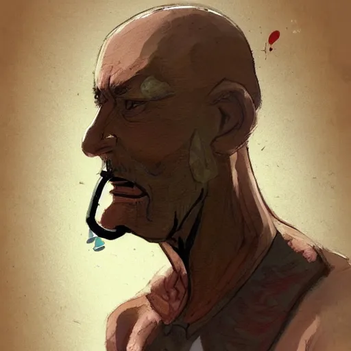 Image similar to concept art for a balding middle - aged character wearing a singlet while smoking, by dustin nguyen, akihiko yoshida, greg tocchini, trending on artstation, 8 k