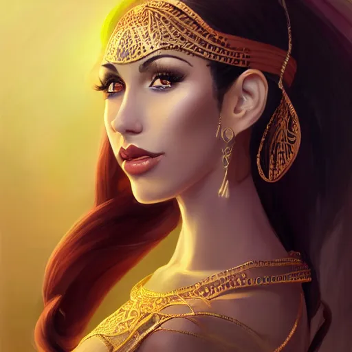 Prompt: a professionally painted portrait of an attractive young woman as a genie, arabian dress, olive skin, long dark hair, beautiful bone structure, symmetrical facial features, intricate, elegant, digital painting, trending on Artstation, concept art, smooth, sharp focus, illustration, award winning