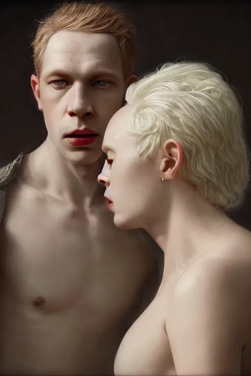 Image similar to a portrait of handsome young male albino Satan and his elegant beautiful albino wife, bored, illustration, dramatic lighting, soft details, painting oil on canvas, art nouveau, octane render, HDR, 4k, 8k, HD, by Edmund Blair Leighton, Brom, Charlie Bowater, trending on artstation, faces by Tom Bagshaw, Sargent