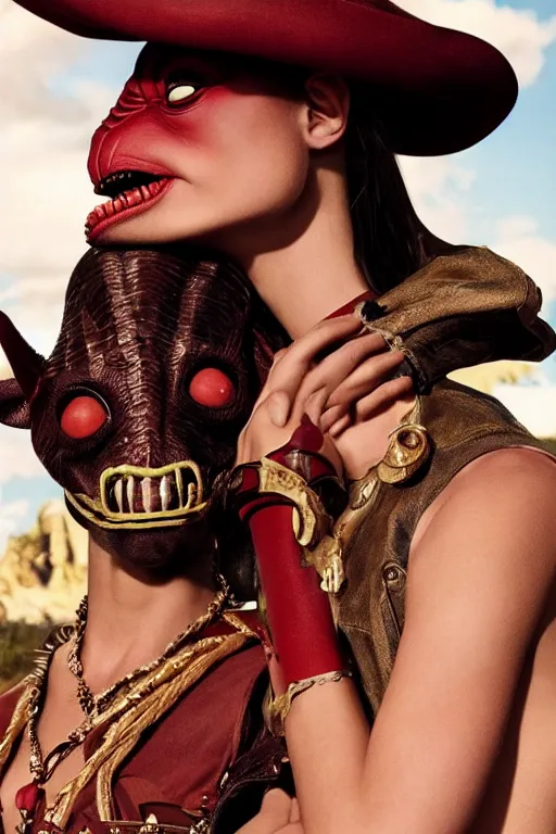 Image similar to dolce & gabbana campaign featuring jar jar binks as a female cowgirl, long eyeslashes, huge juicy lips, big seductive eyes, unprocessed colors, # nofilter, realistic vfx simulation