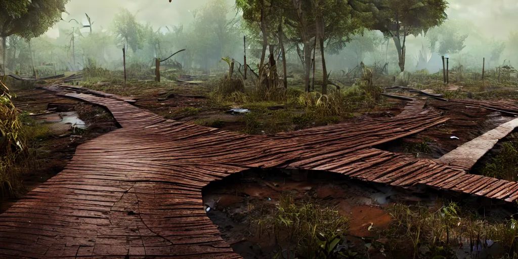 Image similar to A wooden walkway winding through a muddy swamp littered with rusted sumberged cars and vegetation covered construction equipment,, game art matte painting hyperdetailed, artstation, cgsociety, 8k, surreal dream landscape