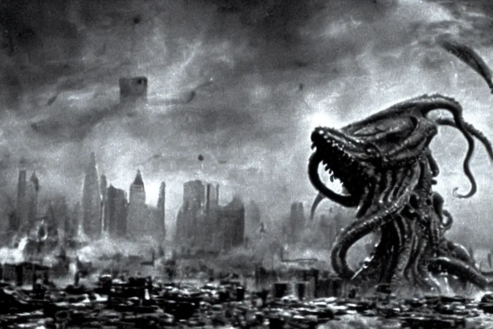 Image similar to still image taken from sci fi horror movie of a cthulhu attacking a city. low camera angle. 1 9 6 0.