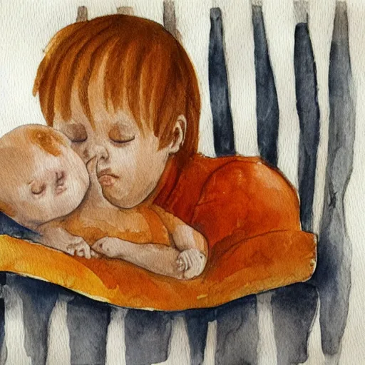 Prompt: A human infant and orange tabby cat cuddling in a crib, watercolor painting.