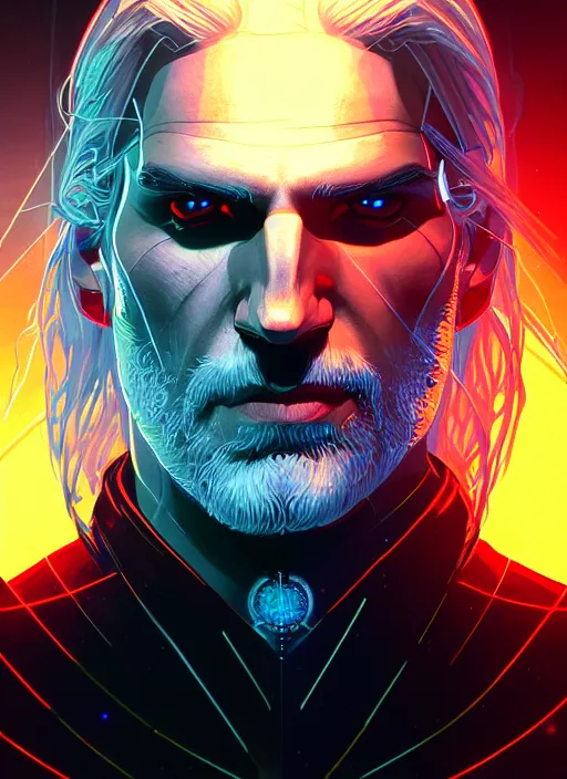 Image similar to symmetry portrait of geralt of rivia, sci - fi, tech wear, glowing lights intricate, elegant, highly detailed, digital painting, artstation, concept art, smooth, sharp focus, illustration, art by artgerm and greg rutkowski and alphonse mucha