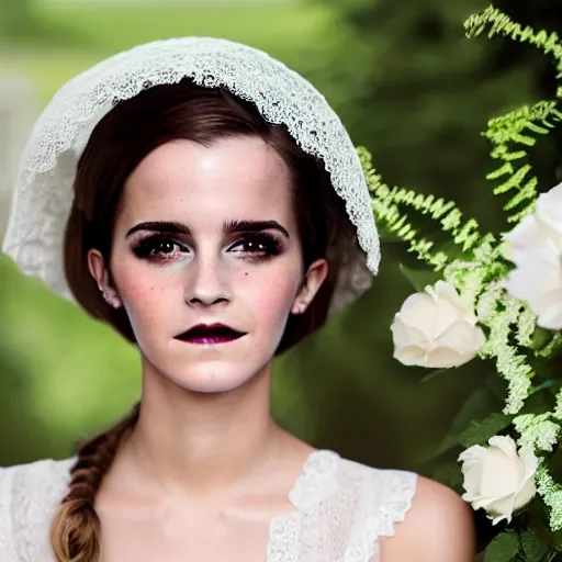 Prompt: full body fashion model emma watson smokey eyes makeup eye shadow fantasy, glow, shimmer as victorian woman in a long white frilly lace dress and a large white hat having tea in a sunroom filled with flowers, roses and lush fern flowers ,intricate, night, highly detailed, dramatic lighting , high quality