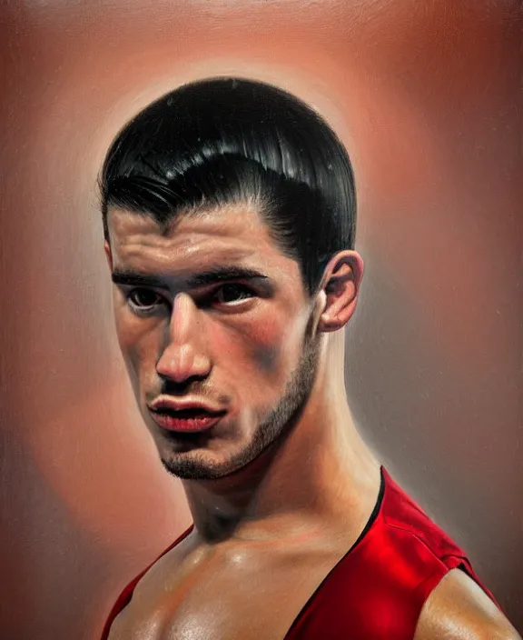 Prompt: portrait of a handsome young spanish wrestler, art by denys tsiperko and bogdan rezunenko, hyperrealism