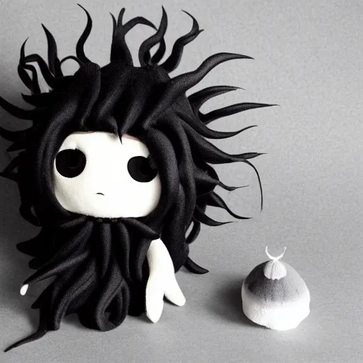 Prompt: cute fumo plush of a vantablack jellyfish girl with hundreds of tendrils, vray, black and white
