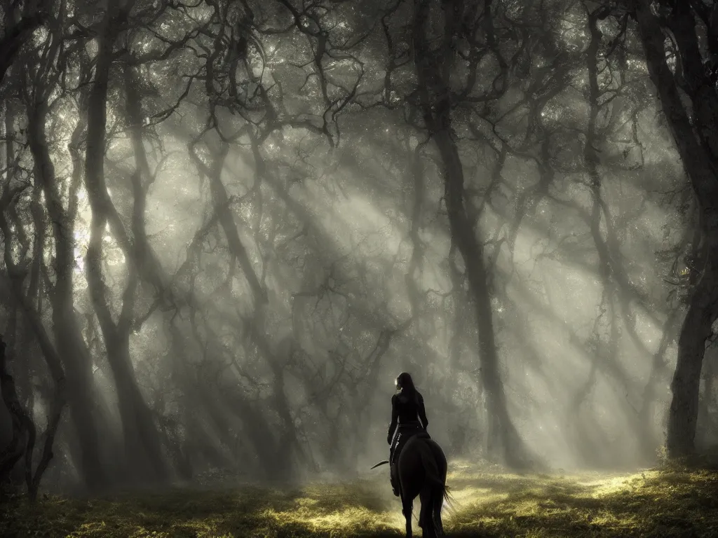 Prompt: a woman riding on a black horse through a oak and beech forrest, rays of light, cinematic, fantasy art, moody morning light, trending on artstation, by peter jackson