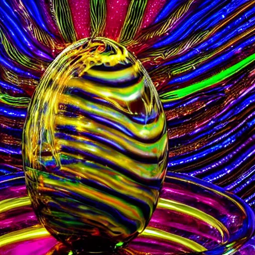 Prompt: portrait of a electrical energy tron murano faberge candy glass egg designed by david chihuly and hr giger. made up of glowing swirling electric pixels. tron world background. photo still by annie liebowitz