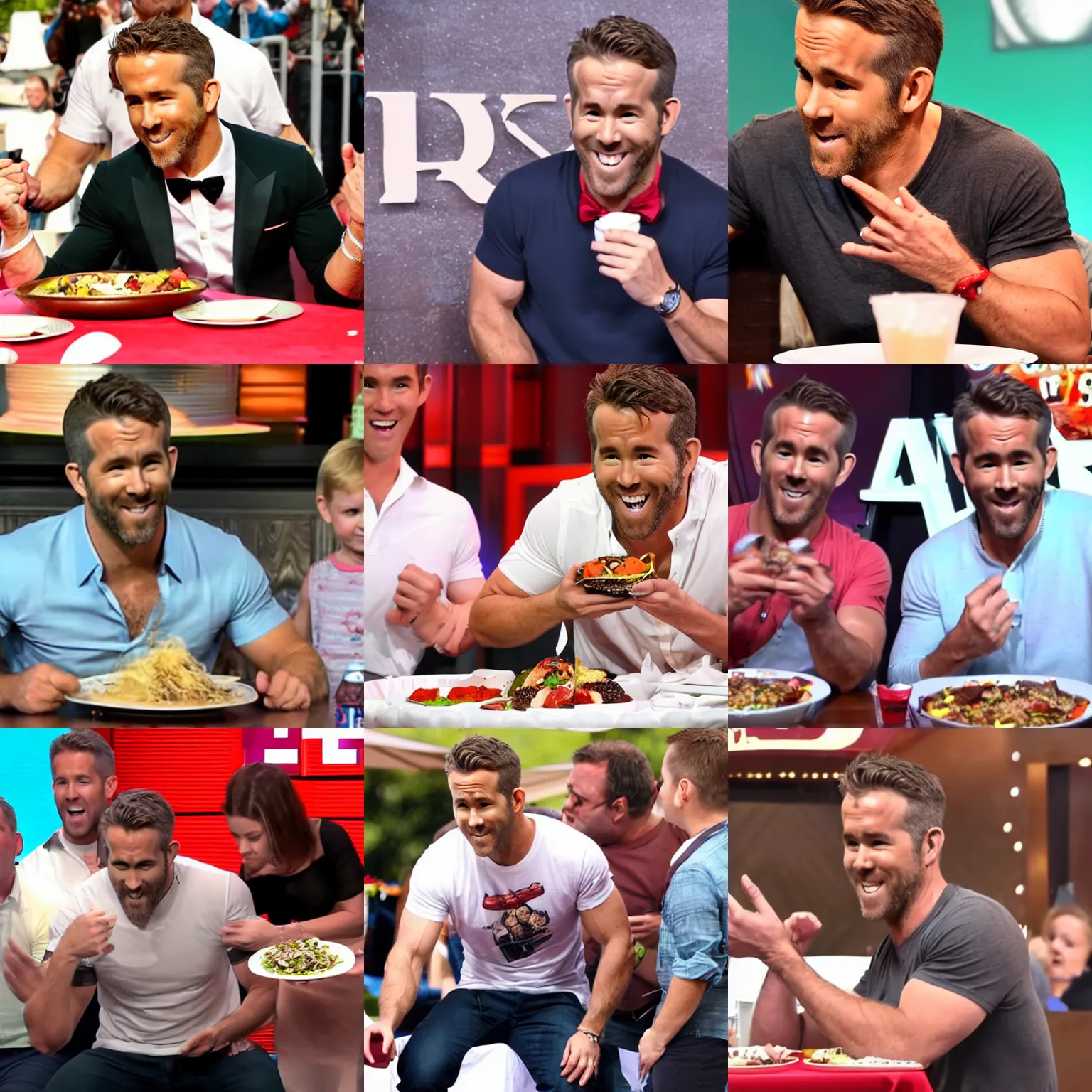 Prompt: ryan reynolds winning an eating contest, huge belly almost bursting from overeating, 4 k hd