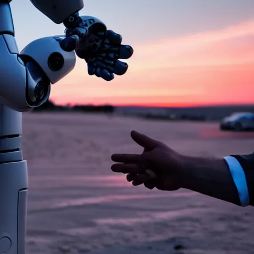 Prompt: a photo of a man shaking hands with a robot at sunset