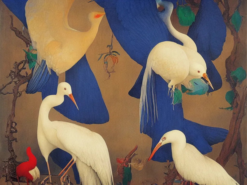 Image similar to Portrait of albino mystic with blue eyes, with exotic beautiful crane. Painting by Jan van Eyck, Audubon, Rene Magritte, Agnes Pelton, Max Ernst, Walton Ford