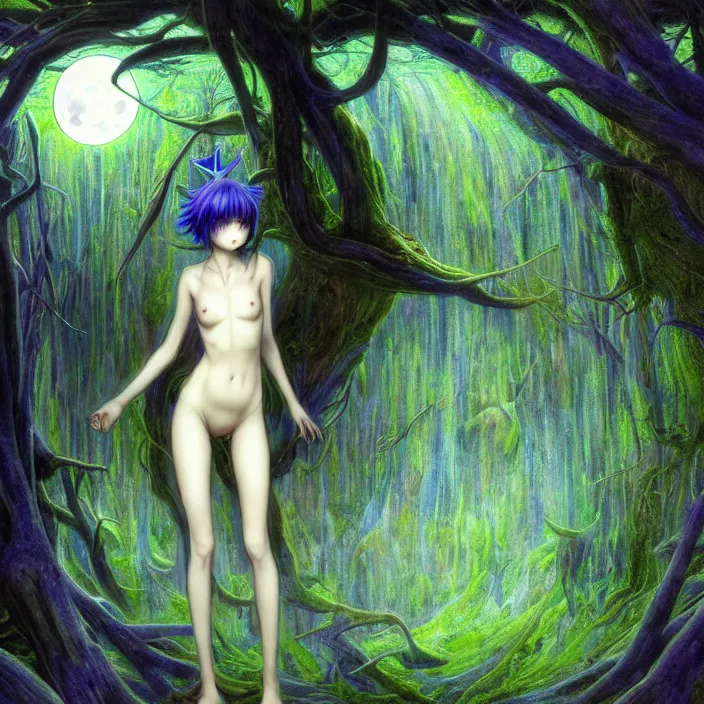 Image similar to dreamscape forest rei ayanami with horns, the moon in the woods, earth from the moon, fractal, liminal space, Japan Lush Forest, Leviathan awakening from Japan in a Radially Symmetric Alien Megastructure turbulent bismuth glitchart Luminism Romanticism by John William Waterhouse Atmospheric Cinematic Environmental & Architectural Design recusion mandelbulb fractal wisdom acrylic pouring