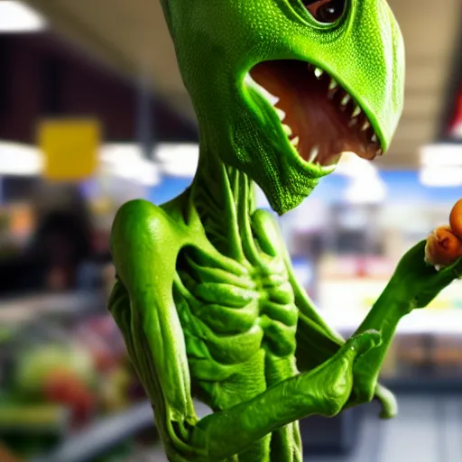 Prompt: mid shot of a green alien buying groceries at the store shot by amanda carlson and alex strelkovv, professional photo, masterpiece, very detailed, 4 k