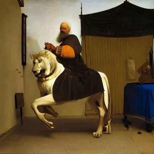 Image similar to old man ( wise long white beard wearing a hooded tunic ) riding on lions back by vermeer