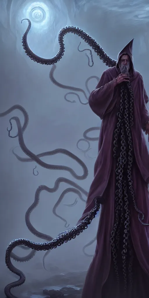 Image similar to a wizard that is slowly transforming into a tentacle monster, matte oil painting, concept art, d & d, robes, fantasy, fog, sharp focus, eldritch, award - winning, extremely detailed, 4 k, 8 k