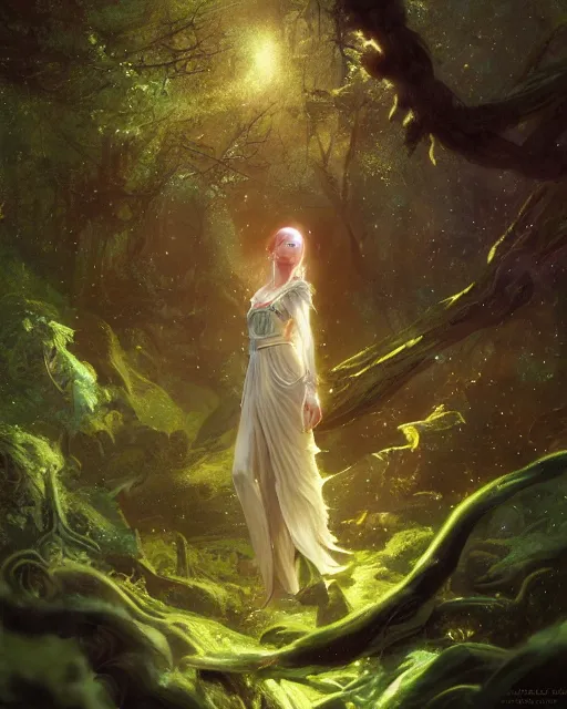 Image similar to female elf with black hair dress meditating in a nebula forest by greg rutkowski, high key lighting, volumetric light, digital art, highly detailed, fine detail, intricate, ornate, complex, octane render, unreal engine, photorealistic digital painting, artstation, concept art, sharp focus, art by greg rutkowski and alphonse mucha