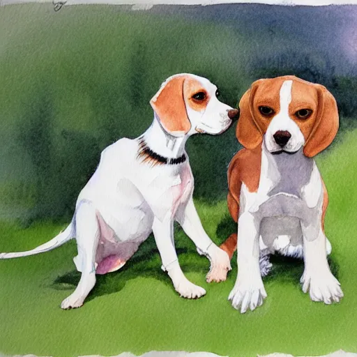 Prompt: water color painting of a white and caramel beagle dog playing with dragonfly in a backyard, harsh lighting, detailed, trending on artstation, dull pastel colors, bright, god rays, dreamy, trending on artstation