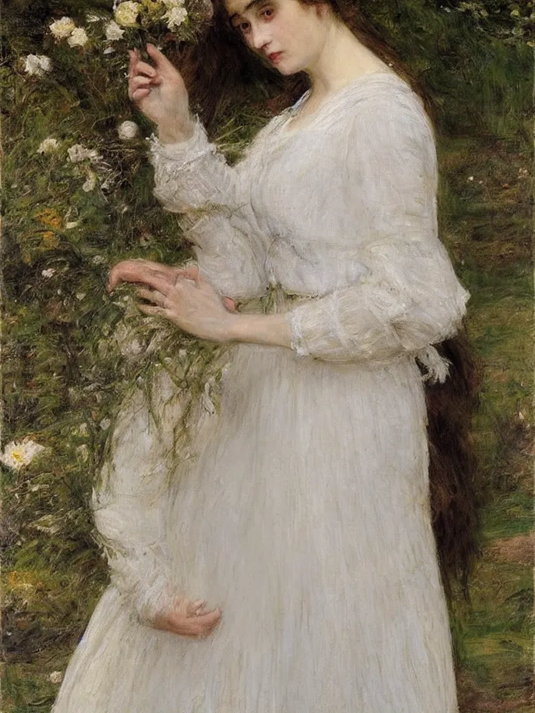 Prompt: portrait of a woman in a white dress, Ophelia , painted by John Everett Millais.