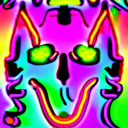 Prompt: digital art symmetrical demon face full of neon bright colours, in the dark, surrounded by smoke
