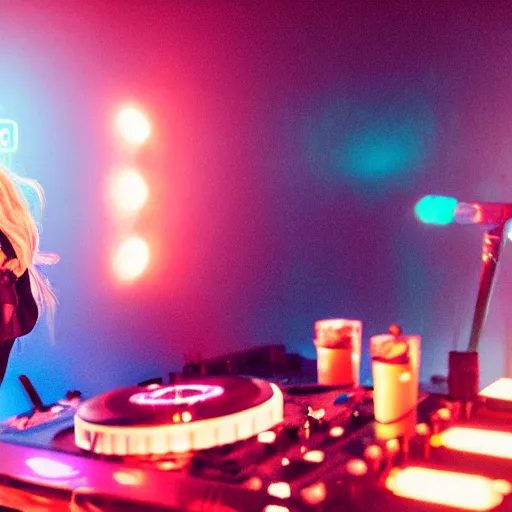 Prompt: a young, blonde-haired woman with soft facial features and blue eyes, 35mm photograph, neon lights in the background, DJing at coachella