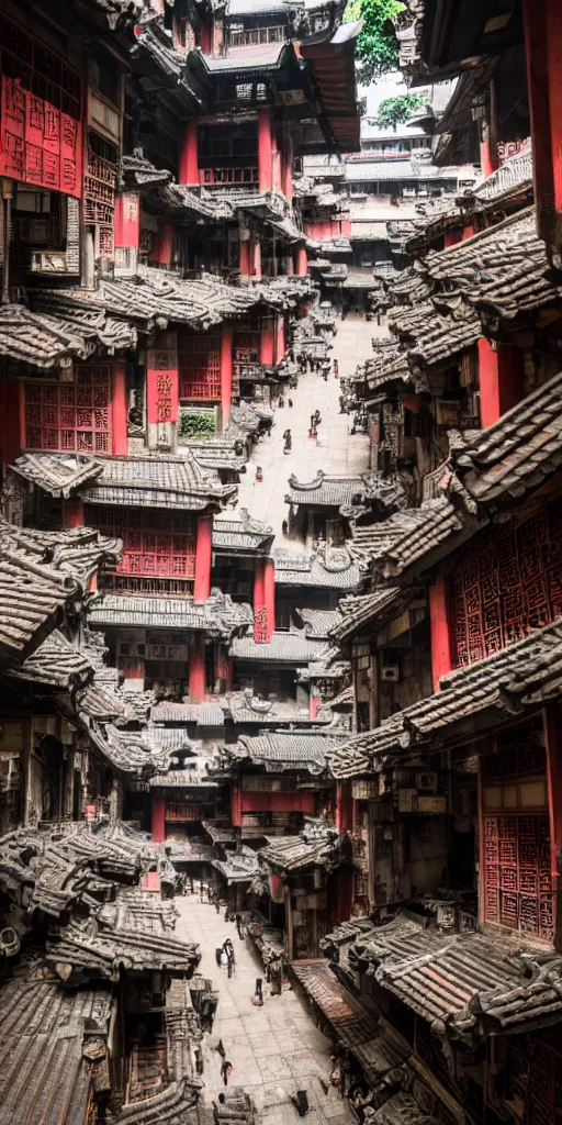 Image similar to an interior view of Kowloon walled city in Hong Kong, flat lay, flat perspective, front perspective, very detailed, photoreal, 8k,