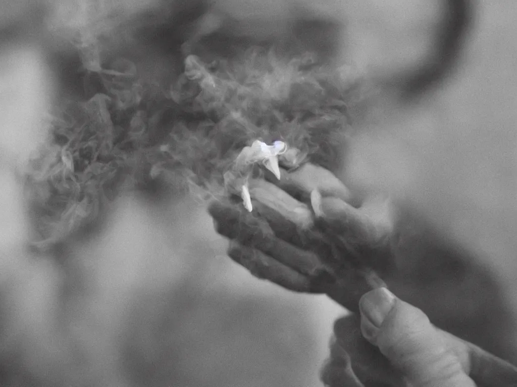 Prompt: Close-up view of hyperrealistic thin soft hand holding cigarette with smoke, vintage photo, 4K