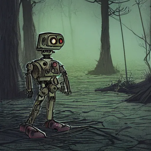 Image similar to illustration of a small and rusty observation droid in a swamp by don bluth, eerie atmosphere, fog, cinematic lighting, pulp adventure comics