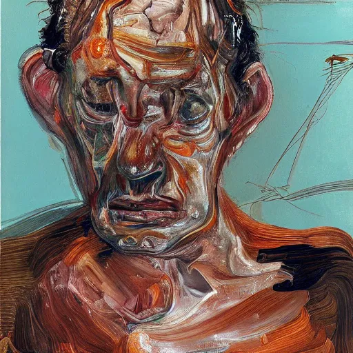 Image similar to high quality high detail painting of a man in agony by lucian freud and jenny saville and francis bacon, hd, anxiety, turquoise and orange