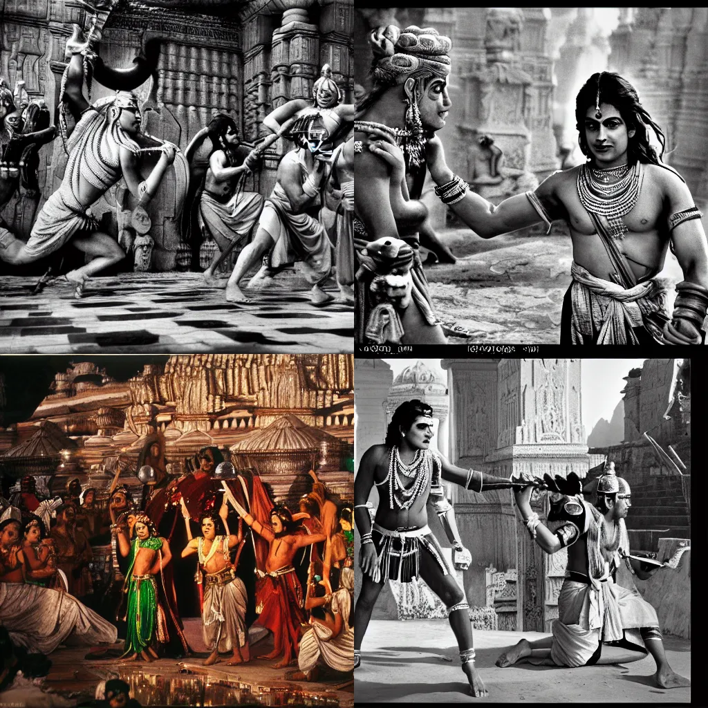 Prompt: an epic cinematic scene from Ramayan, photograph by Henri Cartier-Bresson, shot on Mamiya large format film camera, trending on Flickr, detailed, 8K, HDR, HD,