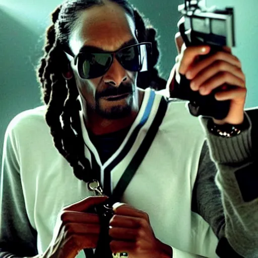 Prompt: snoop dogg as the terminator, movie clip, photo,