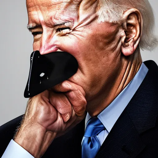 Prompt: uhd candid photo of joe biden wearing a anti - biting muzzle, with accurate face, real anti - biting muzzle, uhd, studio lighting, correct face, photo by annie leibovitz