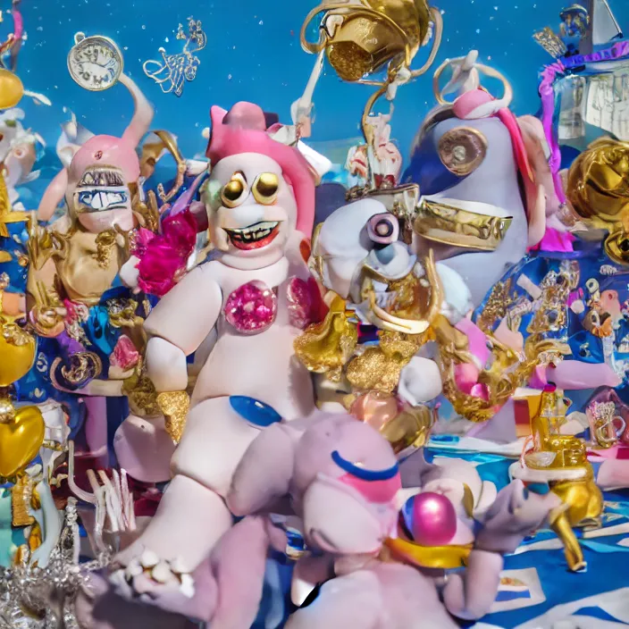 Prompt: jeff koons hip hop bauhaus style street sharks sailor moon wearing diamond grillz and a ton of bussdown iced gold bling in wallace & gromit strata - cut claymation, ultra realistic, concept art, intricate details, serious, highly detailed, photorealistic, octane render, 8 k, unreal engine, art by artgerm