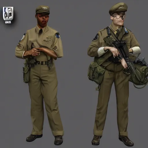 Prompt: ( beige uniform and caps ) ( ( zombie security officers ) ) trending on artstation very realistic proportional accurate high detail 4 k 8 k hd