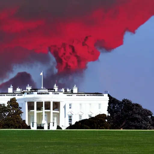 Prompt: politics, destroyed presidential white house, landscape, dystopian, war, real, bright blue smoke, red clouds, detailed, award winning, masterpiece