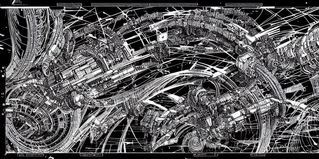 Image similar to a blueprint for a wormhole generator, intricate illustration, ultra detailed, technopunk, darksynth, intricate lines, detailed notes, sketch, 8 k, by tsutomu nihei