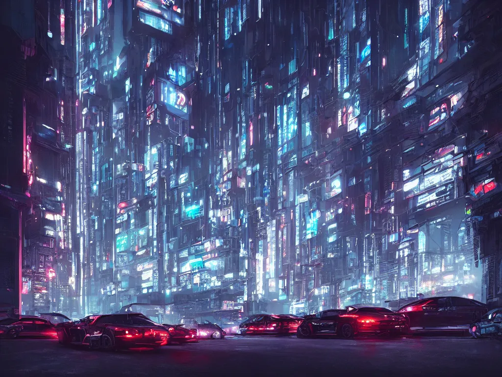 Image similar to a group of cars parked in a parking lot next to tall buildings, cyberpunk art by liam wong, cgsociety, retrofuturism, futuristic, cityscape, dystopian art