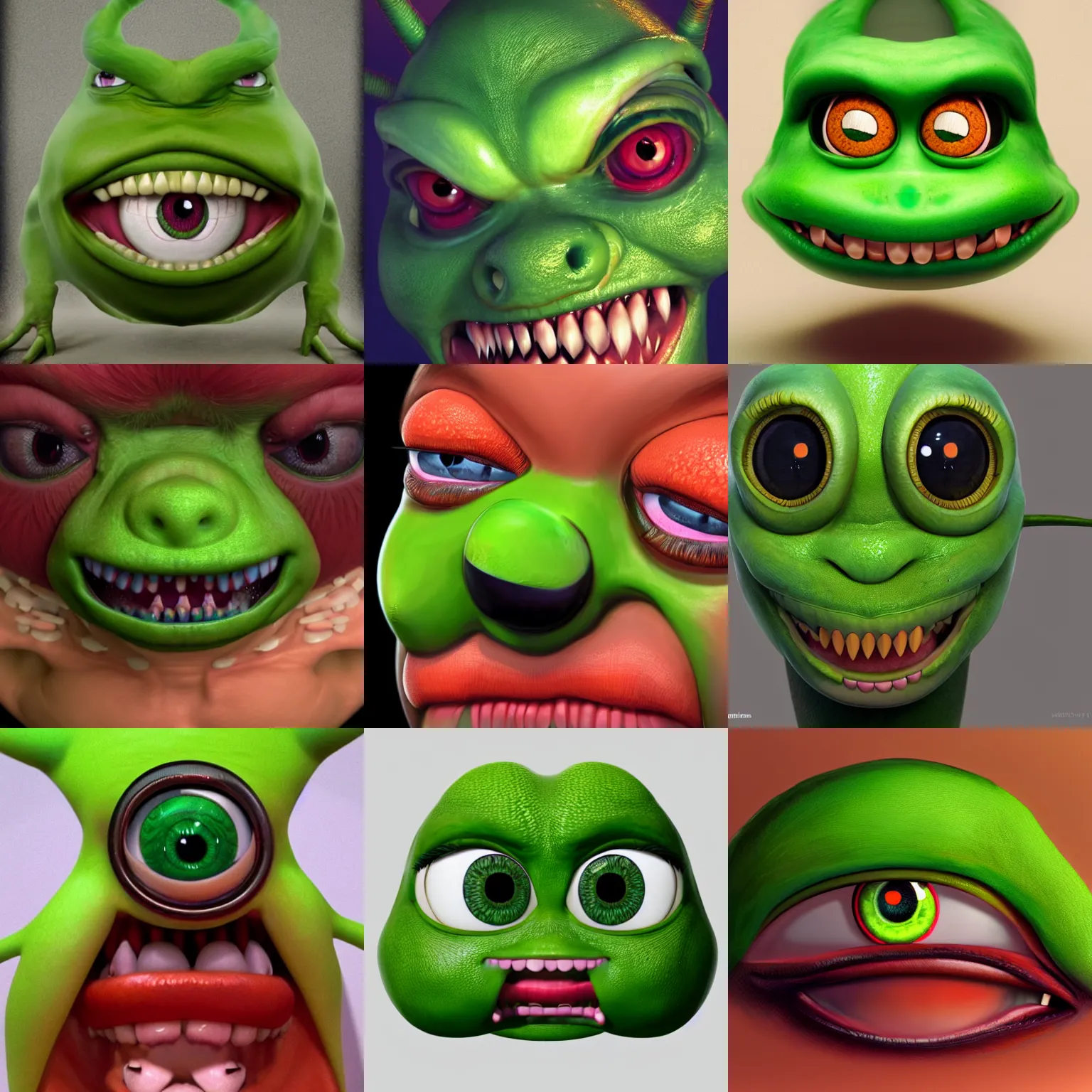 Prompt: Mike Wazowski evolved into a more hideous looking monster, red eyes, green skin, sinister facial expression, genetic mutation, hyperrealism, trending on artstation, 8k