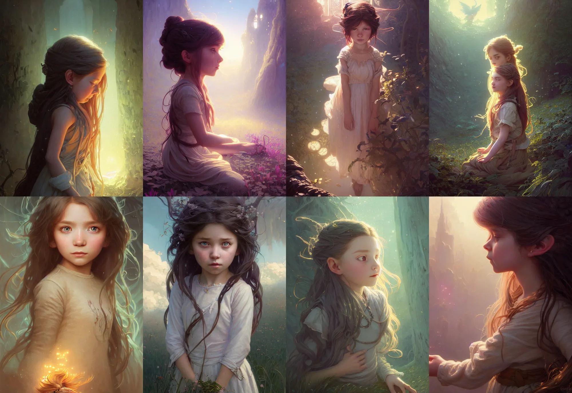 Image similar to highly detailed portrait of a little girl with long hairs, stephen bliss, unreal engine, fantasy art by greg rutkowski, loish, rhads, ferdinand knab, makoto shinkai and lois van baarle, ilya kuvshinov, rossdraws, tom bagshaw, alphonse mucha, global illumination, radiant light, detailed and intricate environment