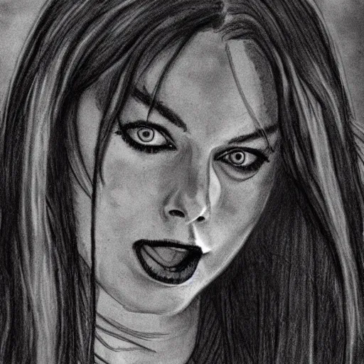 Image similar to grunge drawing of margot robbie in the style of the grudge