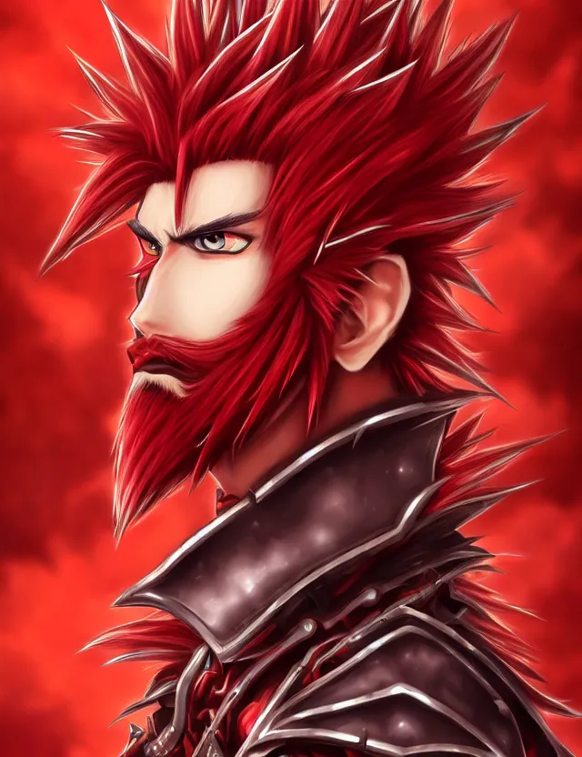 Image similar to a detailed manga portrait of a handsome tall man with spiked crimson hair in fiery crimson crystalline armour, trending on artstation, digital art, 4 k resolution, detailed, high quality, sharp focus, hq artwork, coherent, insane detail, character portrait