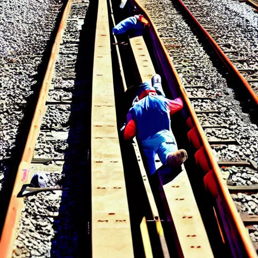 Image similar to working on train rails, hit and sunny day, very tired workers, slave, amazing deep photo, large, cool colors